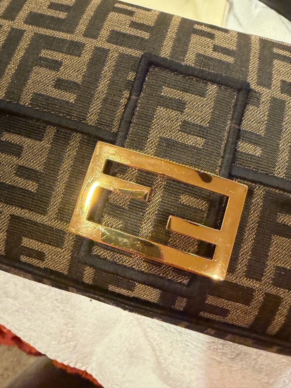 Fendi Brown and Black FF Logo Baguette Shoulder Bag with Gold Hardware - Picture 4 of 13
